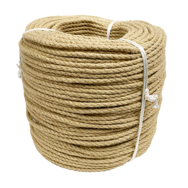 Coil of natural coloured synthetic hemp rope on a white background
