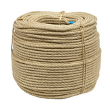 Coil of natural coloured synthetic hemp rope on a white background