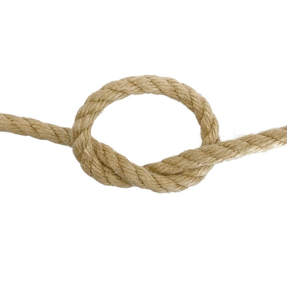 Close-up of 10mm synthetic hemp rope in a knot on a white background