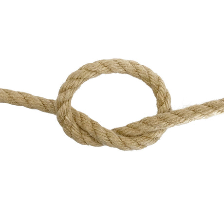 Close-up of 10mm synthetic hemp rope in a knot on a white background