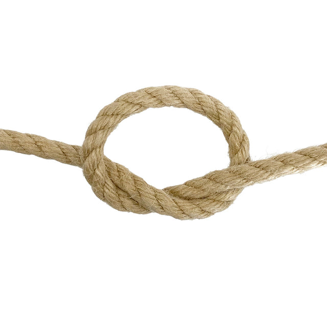 Close-up of 10mm synthetic hemp rope in a knot on a white background