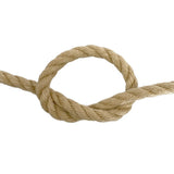 Close-up of 12mm synthetic hemp rope in a knot on a white background
