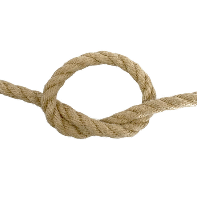 Close-up of 12mm synthetic hemp rope in a knot on a white background