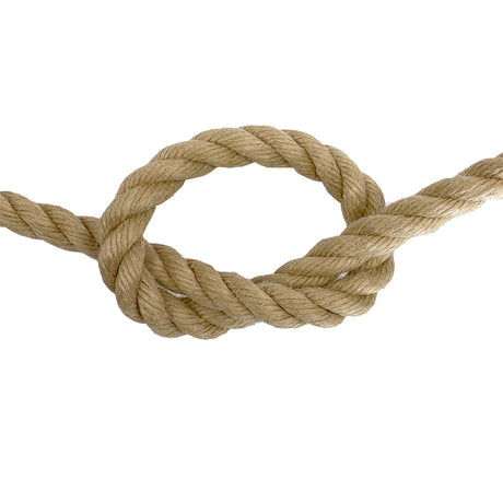 Close-up of 16mm synthetic hemp rope in a knot on a white background
