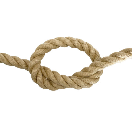 Close-up of 18mm synthetic hemp rope in a knot on a white background