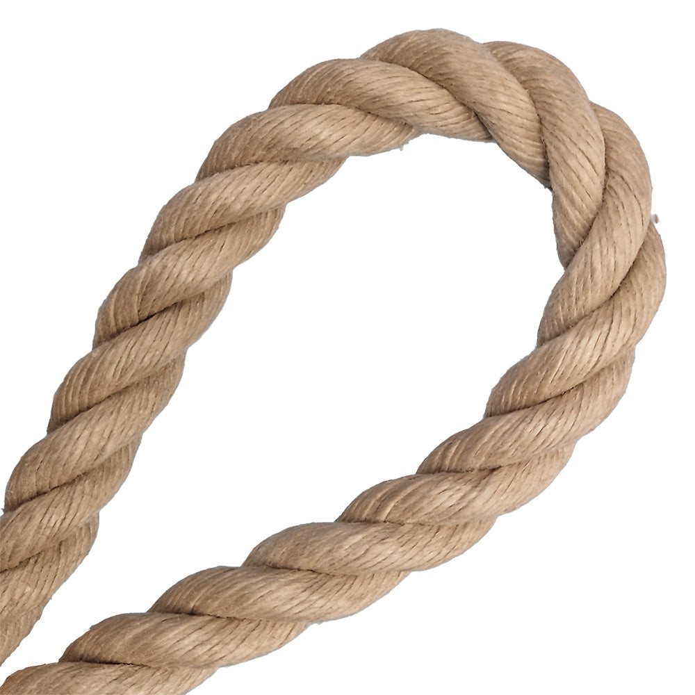 Close-up of 20mm synthetic hemp rope in a loop on a white background