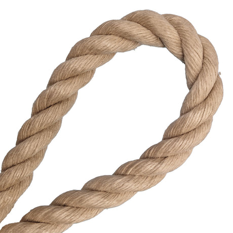 Close-up of 20mm synthetic hemp rope in a loop on a white background