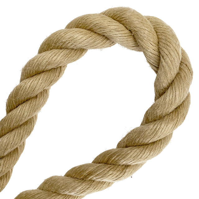 Close-up of 24mm synthetic hemp rope in a loop on a white background