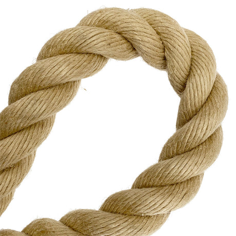 Close-up of 28mm synthetic hemp rope in a loop on a white background