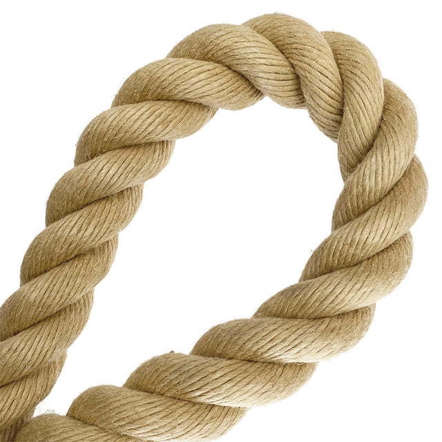 Close-up of 32mm synthetic hemp rope in a loop on a white background