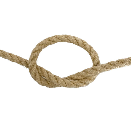 Close-up of 8mm synthetic hemp rope in a knot on a white background