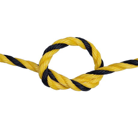 Yellow and black rope tied in a knot on a white background