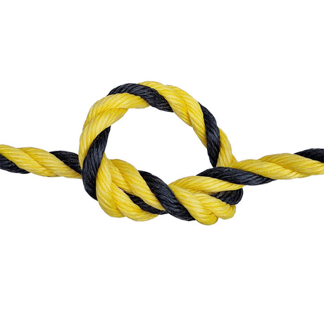 Yellow and black rope tied in a knot on a white background