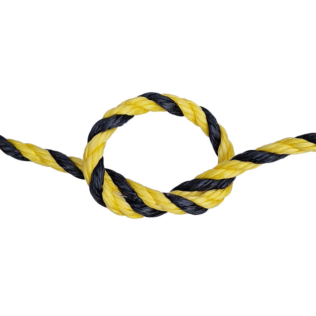 Yellow and black braided rope on a white background