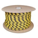 Spool of yellow and black rope on a cardboard reel