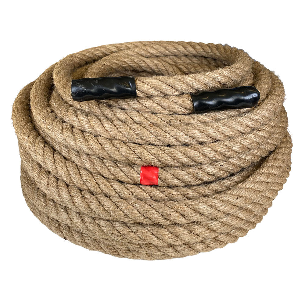 Coiled tug of war rope with black handles and a red tag on a white background