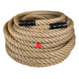 Coiled tug of war rope with black handles and a red tag on a white background