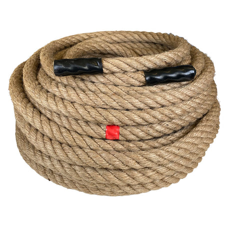 Coiled tug of war rope with black handles and a red tag on a white background