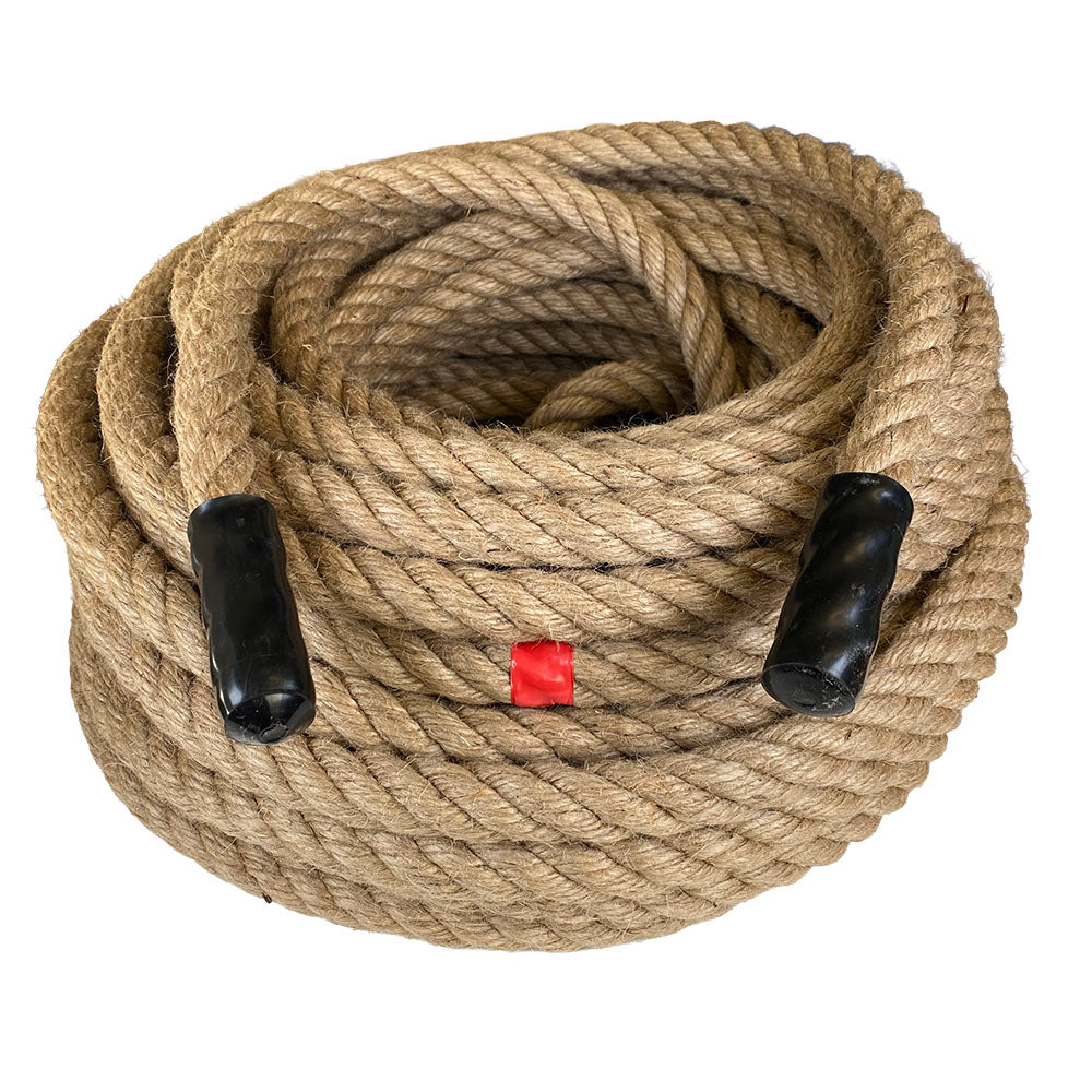 Coiled tug of war rope with black handles and a red tag on a white background