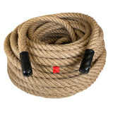 Coiled tug of war rope with black handles and a red tag on a white background
