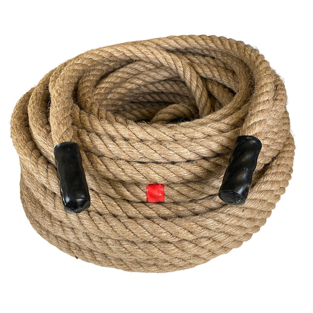 Coiled tug of war rope with black handles and a red tag on a white background