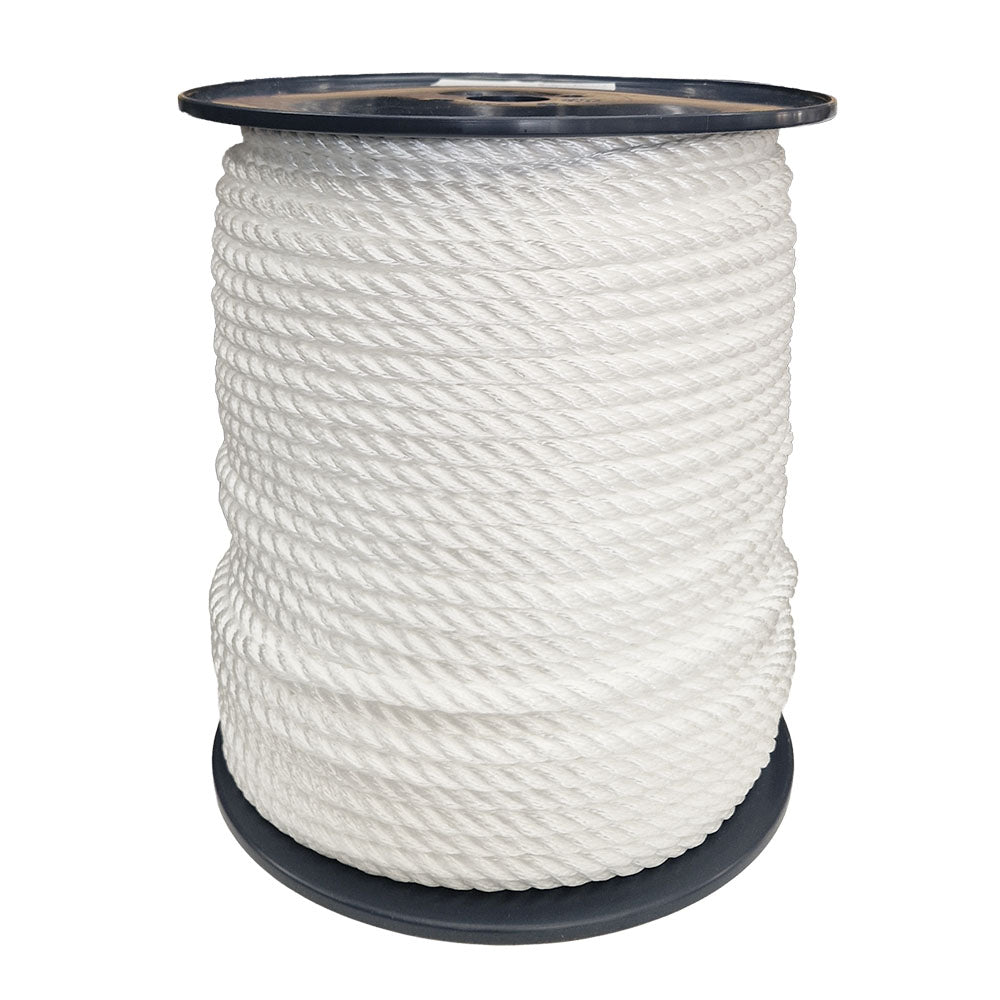 Spool of 10mm white polyester rope on a white background