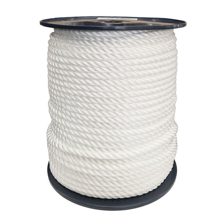 Spool of 10mm white polyester rope on a white background