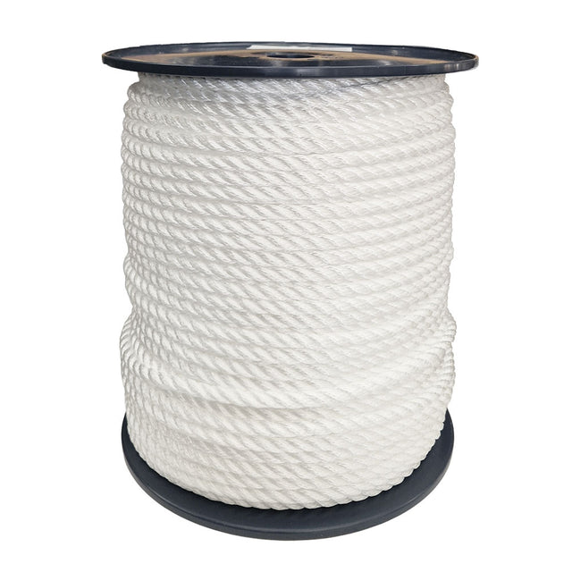 Spool of 10mm white polyester rope on a white background