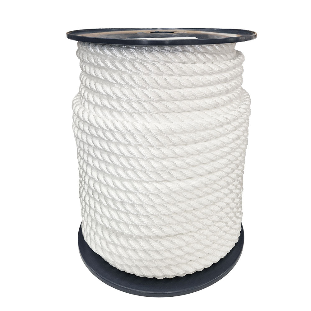Spool of 14mm white polyester rope on a white background