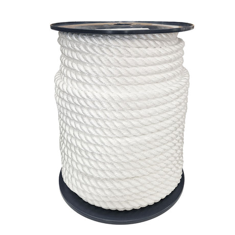 Spool of 14mm white polyester rope on a white background