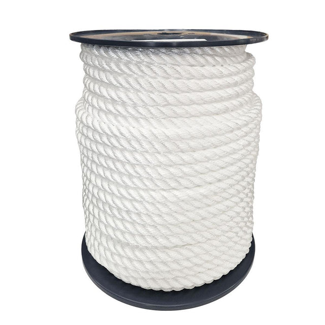 Spool of 14mm white polyester rope on a white background