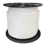 Spool of 16mm white polyester rope on a white background