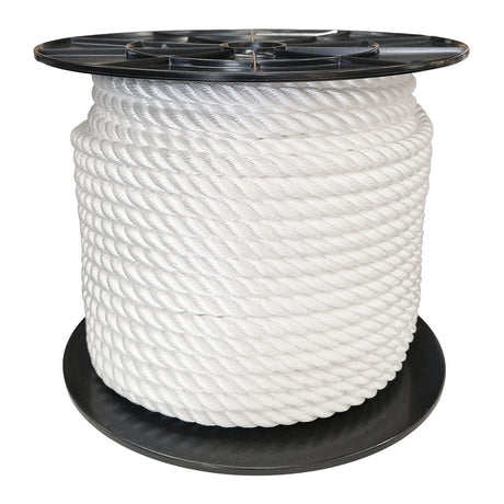 Spool of 16mm white polyester rope on a white background