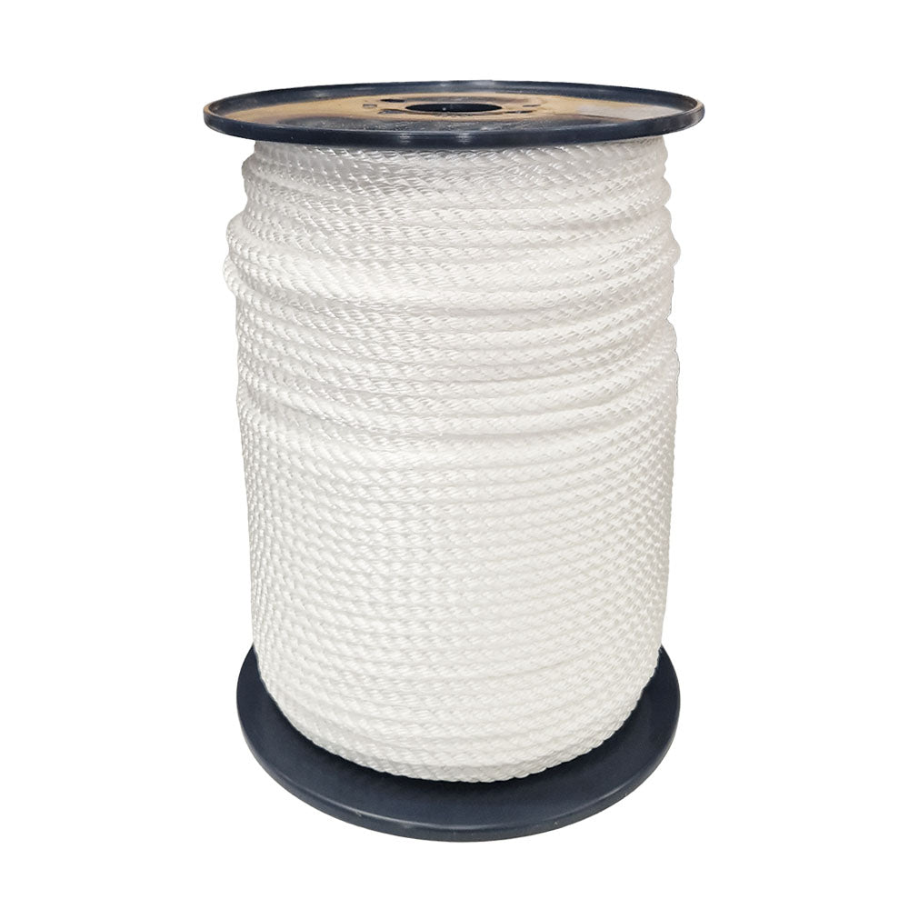 Spool of 8mm white polyester rope on a white background