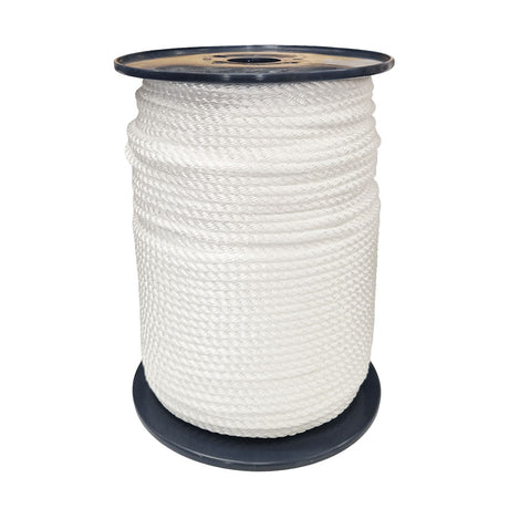 Spool of 8mm white polyester rope on a white background