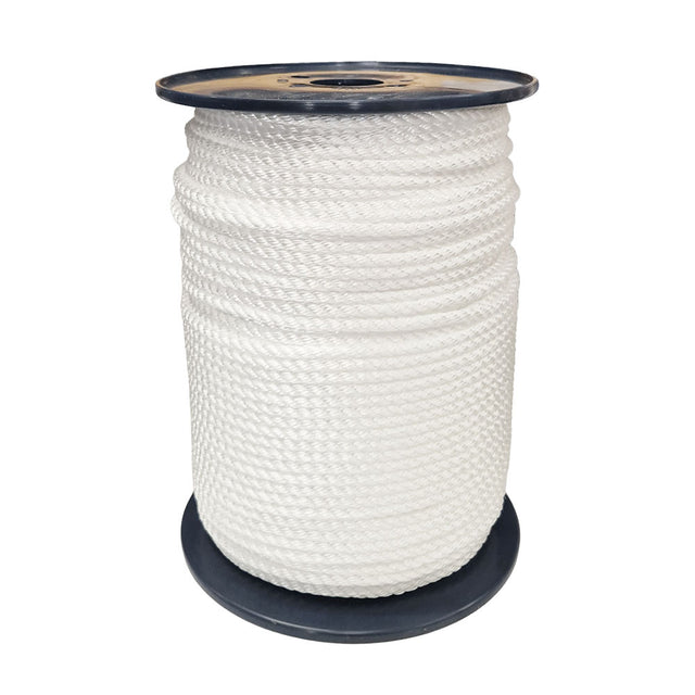 Spool of 8mm white polyester rope on a white background