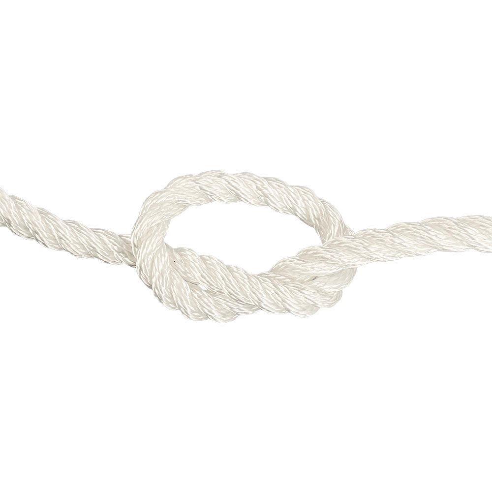 close-up of 10mm white polyester rope in a knot on a white background