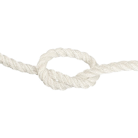 close-up of 10mm white polyester rope in a knot on a white background