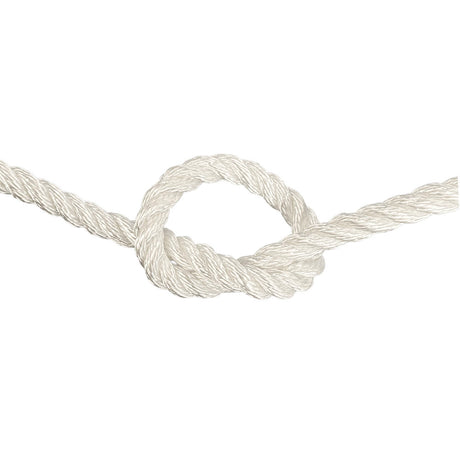 close-up of 12mm white polyester rope in a knot on a white background