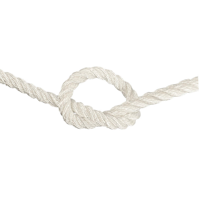 close-up of 12mm white polyester rope in a knot on a white background
