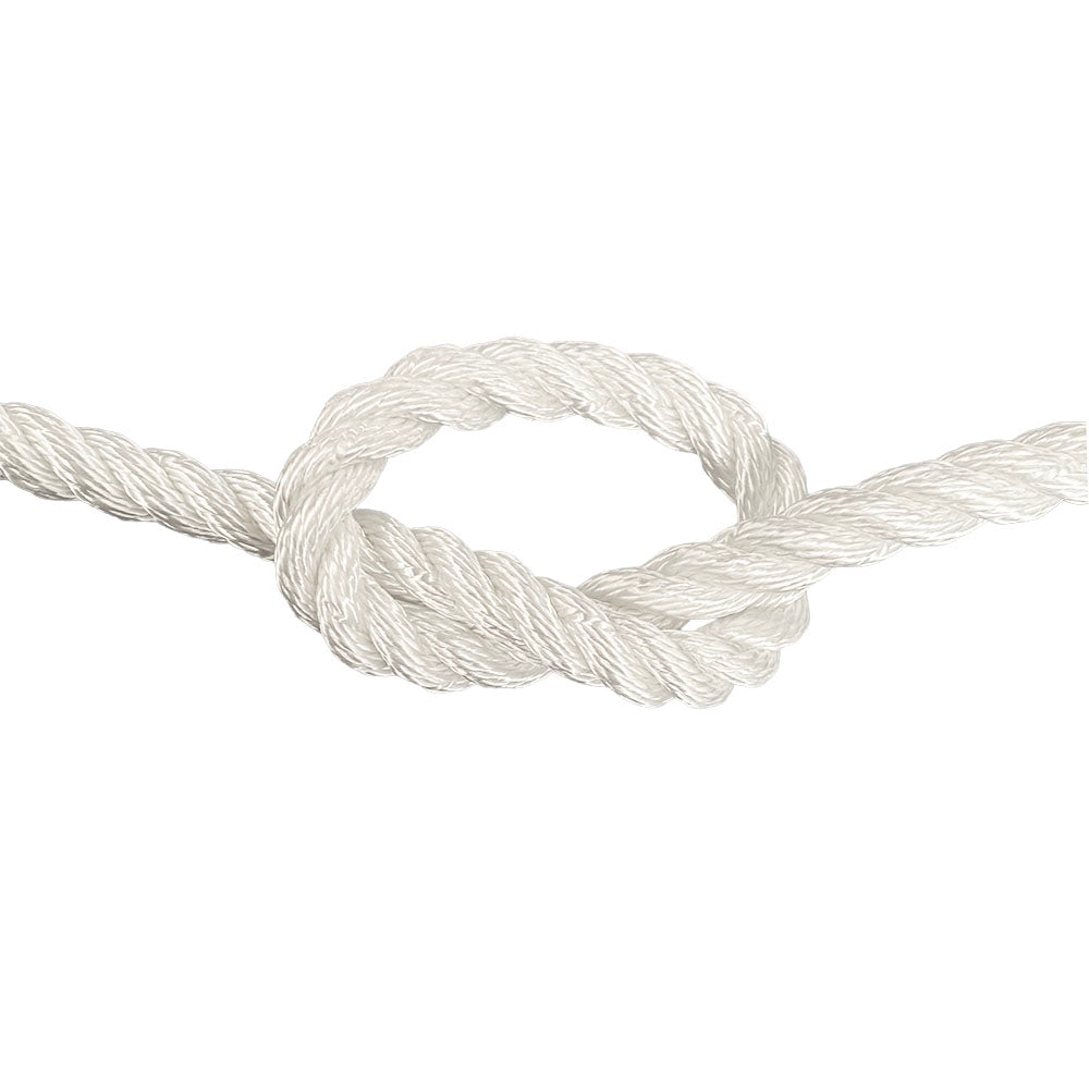 close-up of 14mm white polyester rope in a knot on a white background
