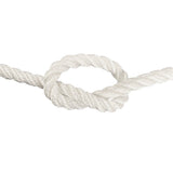 close-up of 14mm white polyester rope in a knot on a white background