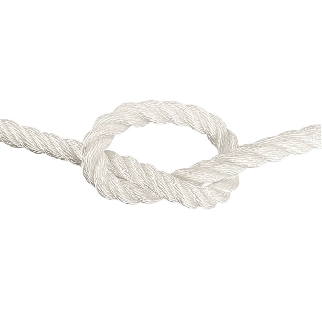 close-up of 14mm white polyester rope in a knot on a white background