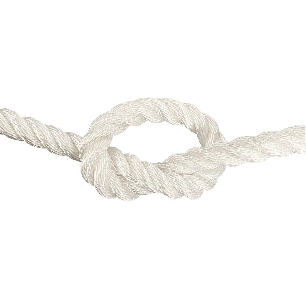 close-up of 16mm white polyester rope in a knot on a white background
