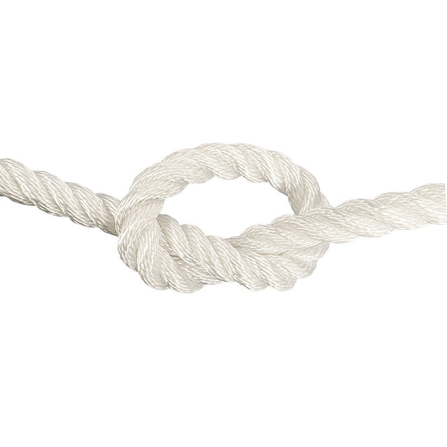 close-up of 16mm white polyester rope in a knot on a white background