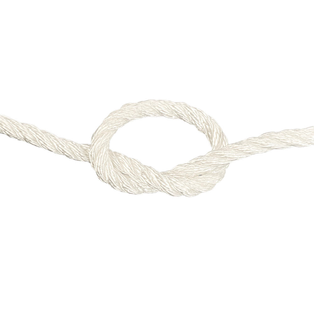 close-up of 8mm white polyester rope in a knot on a white background