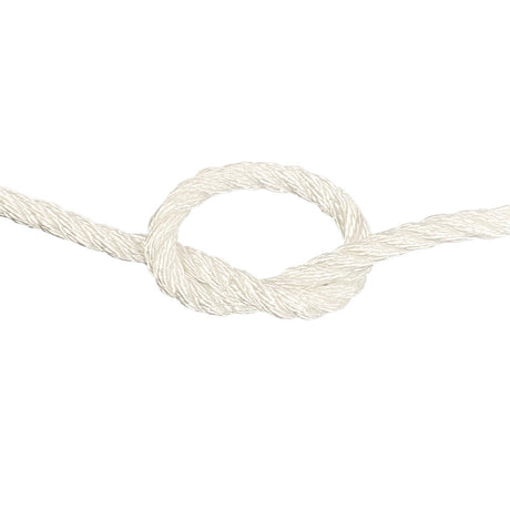 close-up of 8mm white polyester rope in a knot on a white background
