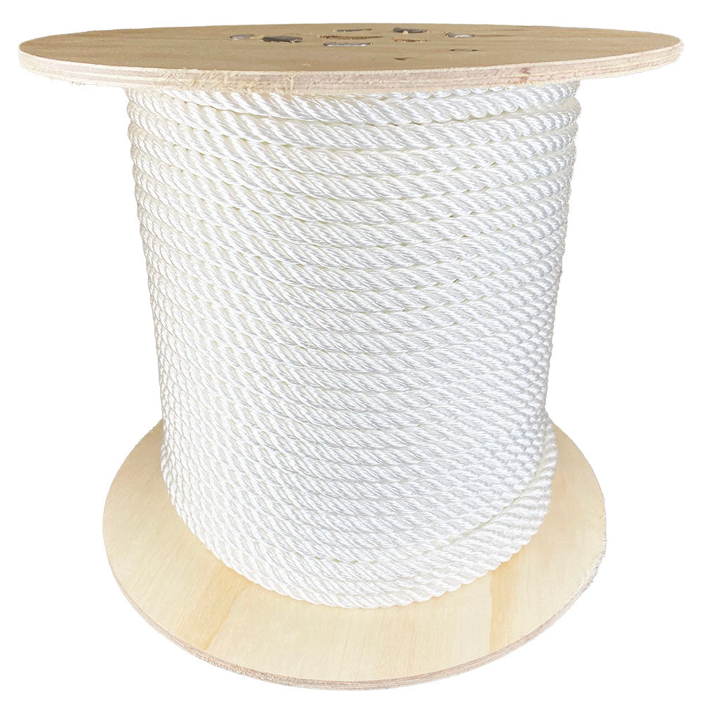 Spool of 9mm white polyester rope on a white background