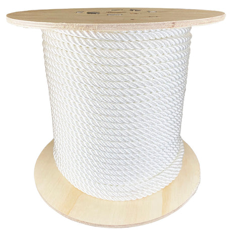 Spool of 9mm white polyester rope on a white background