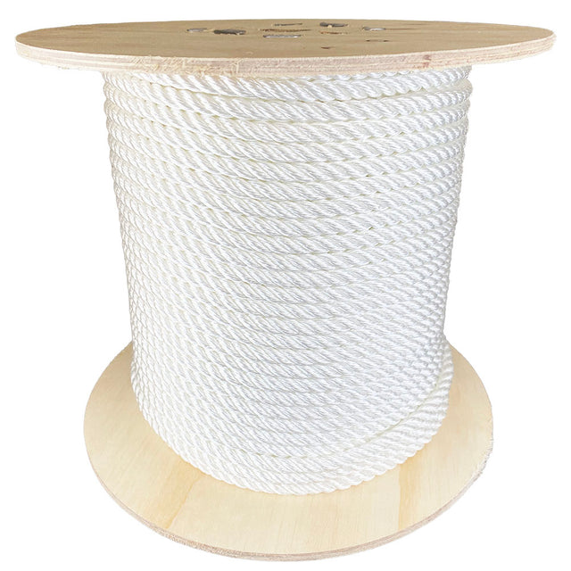 Spool of 9mm white polyester rope on a white background